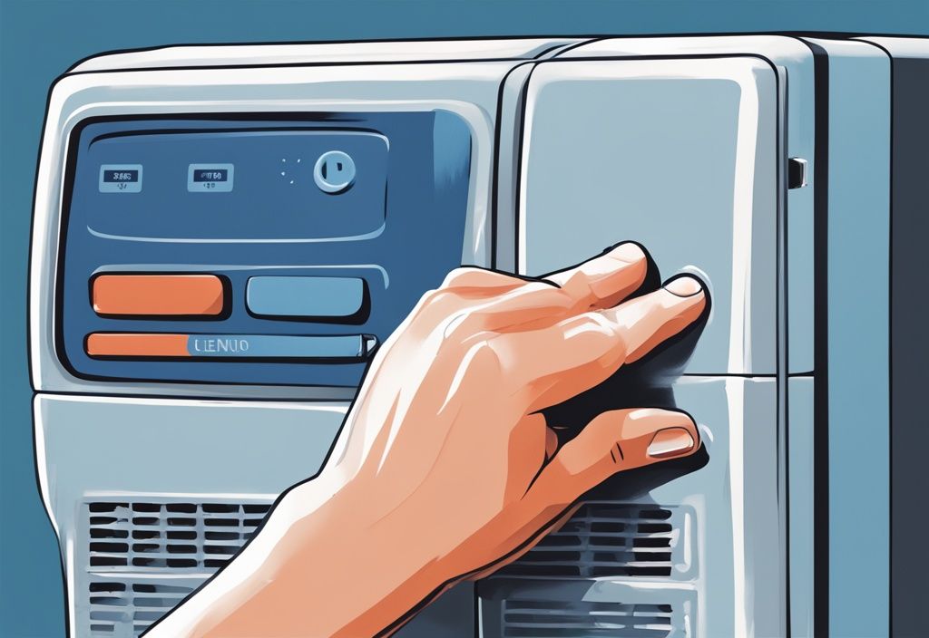 Close-up of hand pressing reset button on Lennox air conditioner, modern digital painting in blue tones