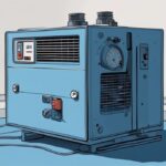 Modern digital painting illustration of an AC compressor with visible internal parts, a timer indicating a few minutes, and a symbolic off switch, addressing the question: why does my AC compressor shut off after a few minutes, with a blue color theme.