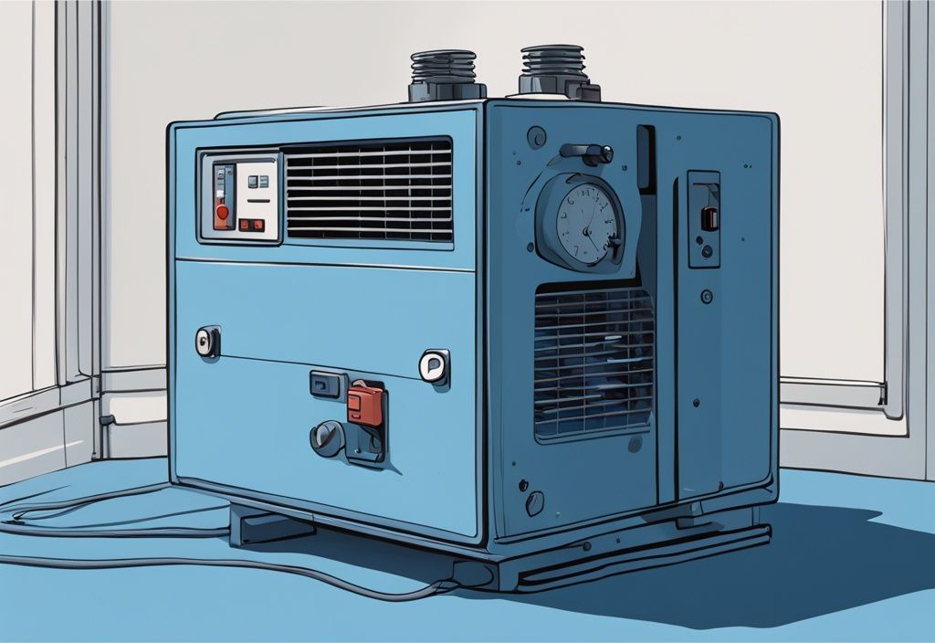 Modern digital painting illustration of an AC compressor with visible internal parts, a timer indicating a few minutes, and a symbolic off switch, addressing the question: why does my AC compressor shut off after a few minutes, with a blue color theme.