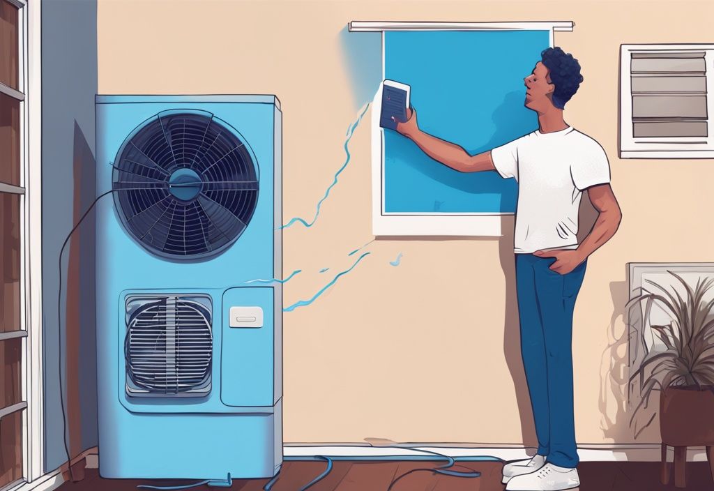 Frustrated homeowner fanning with magazine beside malfunctioning split system air conditioner in blue-themed digital painting illustration.