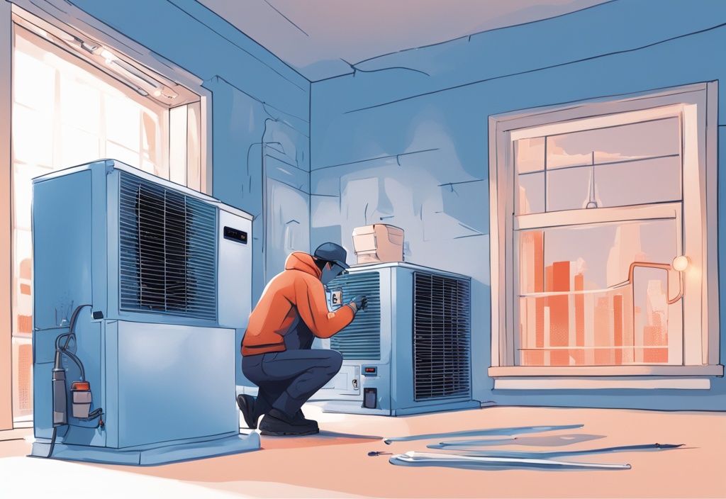 Modern digital painting of a person inspecting frozen indoor AC unit with toolkit and guide, blue color theme