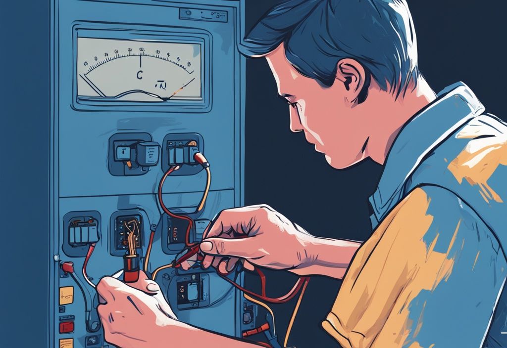 Modern digital painting of person testing AC capacitor with multimeter, blue color theme