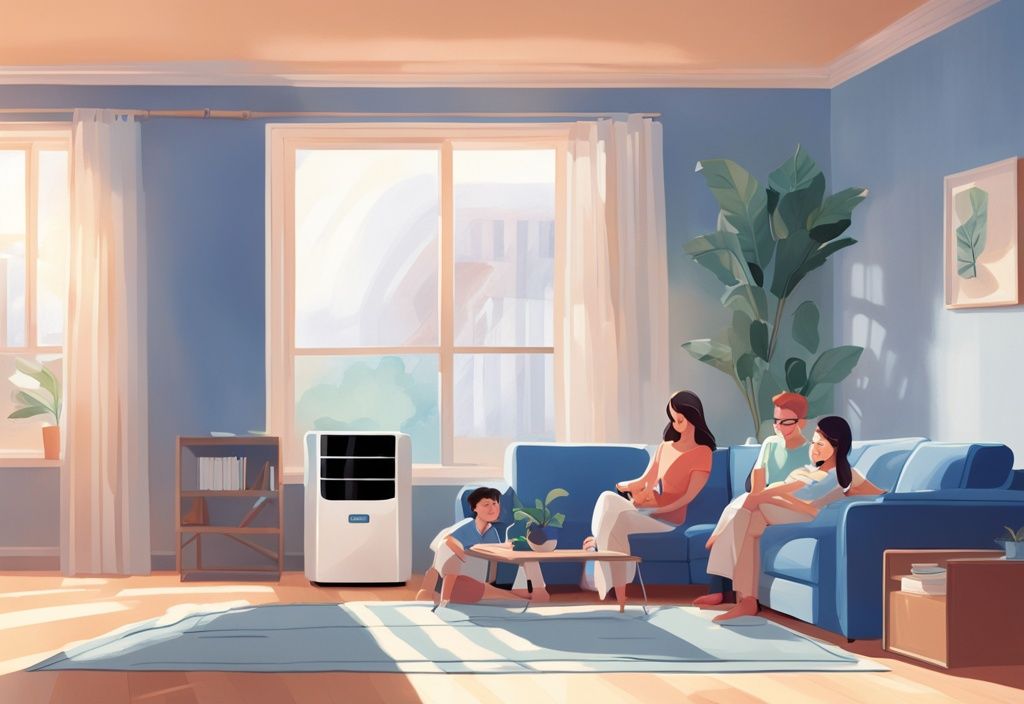 Modern living room with a family enjoying cool air from a Fujitsu air conditioner, illustrating why many ask, "are Fujitsu air conditioners good?" with a blue color theme.