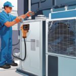 Technician using a vacuum pump on a split system air conditioner, demonstrating how to pump down a split system, with a modern digital painting in blue tones.