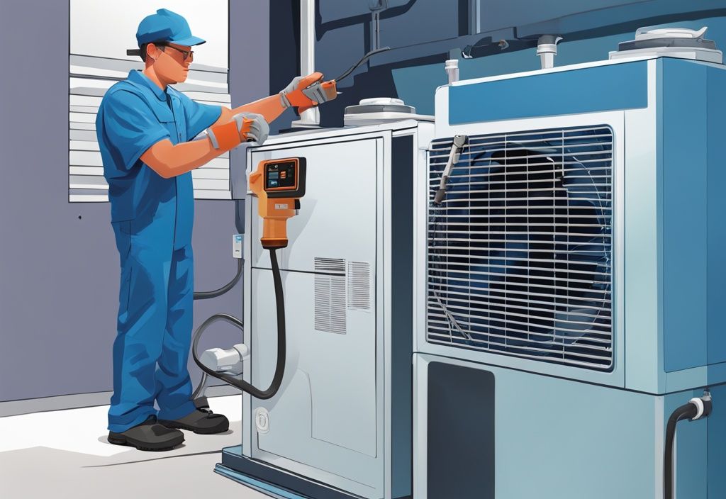 Technician using a vacuum pump on a split system air conditioner, demonstrating how to pump down a split system, with a modern digital painting in blue tones.