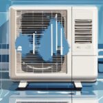 Modern digital painting of a blue-themed portable air conditioner showing a close-up of an "E5" error code on its digital screen, illustrating what does e5 mean on a portable air conditioner.