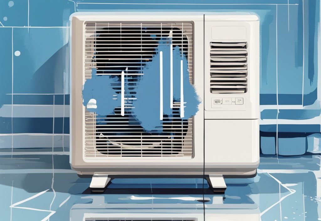 Modern digital painting of a blue-themed portable air conditioner showing a close-up of an "E5" error code on its digital screen, illustrating what does e5 mean on a portable air conditioner.