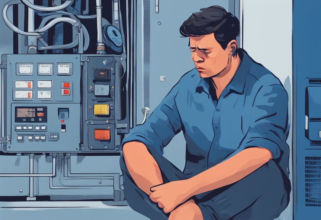 Modern digital painting of a perplexed person examining a blue-themed AC compressor unit with a digital timer showing a recent shutdown.