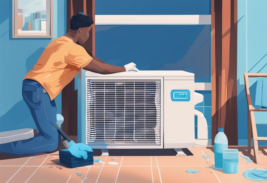 Person demonstrating how to clean a window AC unit by removing the filter, with cleaning supplies, in a modern digital painting illustration with a blue theme.