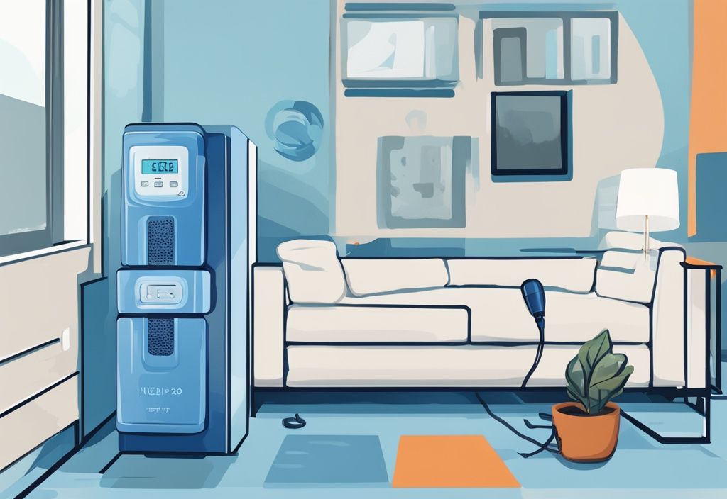 Modern digital painting illustration featuring a blue-themed dehumidifier plugged into a power meter, highlighting dehumidifiers power usage on the digital screen.