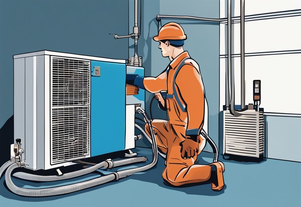 Modern digital painting of a technician using a vacuum pump on a split system air conditioner, illustrating how to pump down a split system with a blue color theme.