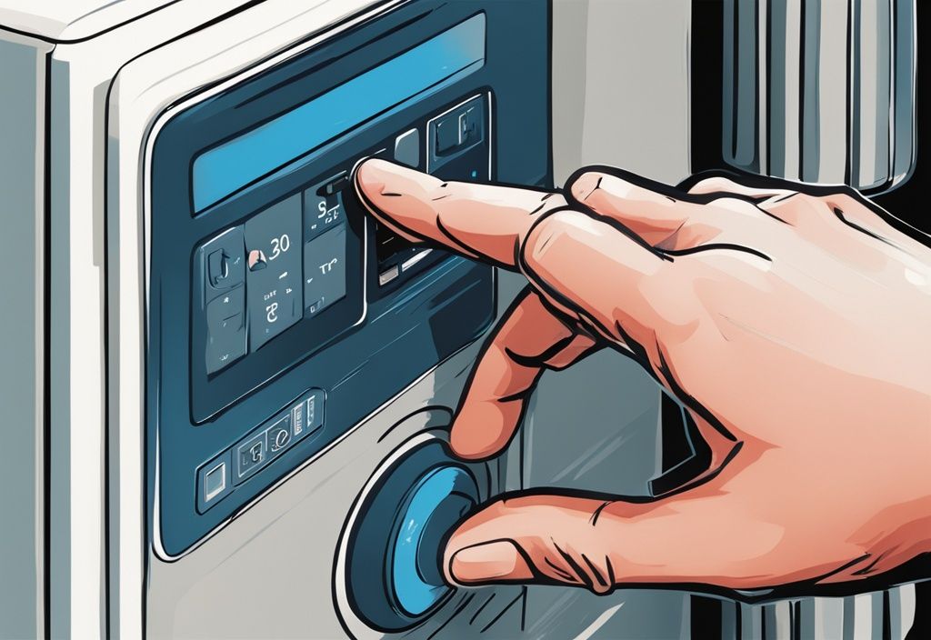 Close-up of a hand pressing the Lennox air conditioner reset button on a modern blue-themed digital painting illustration.