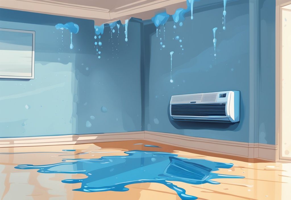 Digital painting of a blue-themed indoor scene with a leaking air conditioning unit dripping water onto the floor.