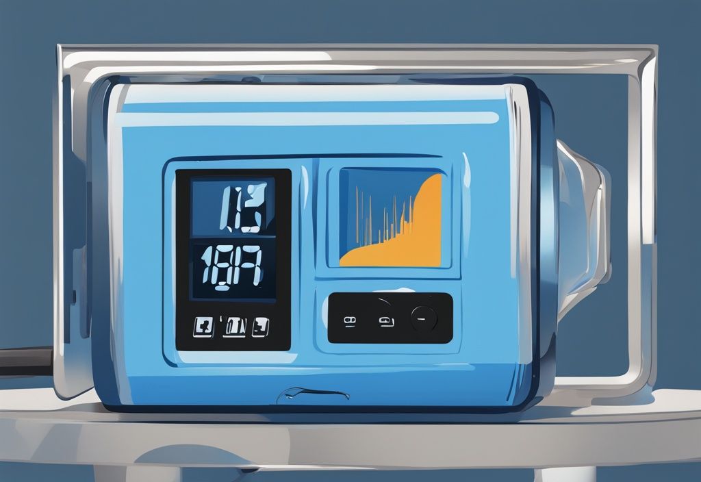 Modern digital painting of a dehumidifier plugged into a power meter, highlighting dehumidifiers power usage on a blue-themed digital screen.