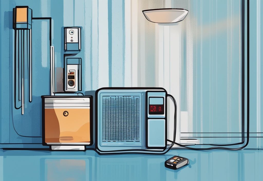 Digital painting of a blue-themed dehumidifier connected to a power meter displaying electricity usage.