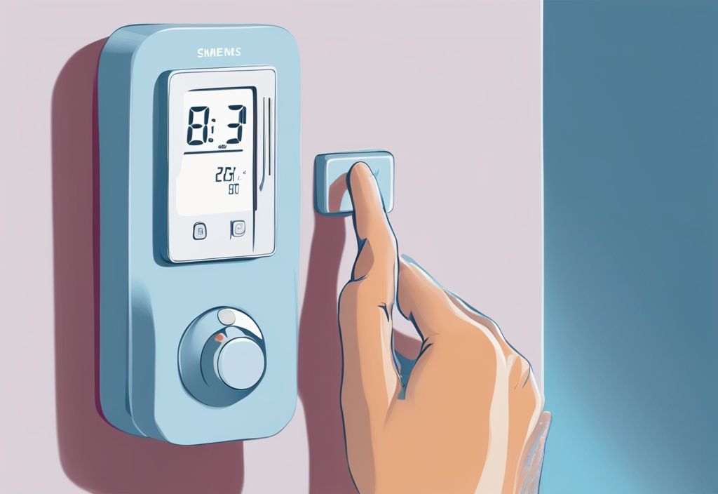 Close-up of a hand pressing the Siemens thermostat override button in a modern digital painting with a blue color theme.