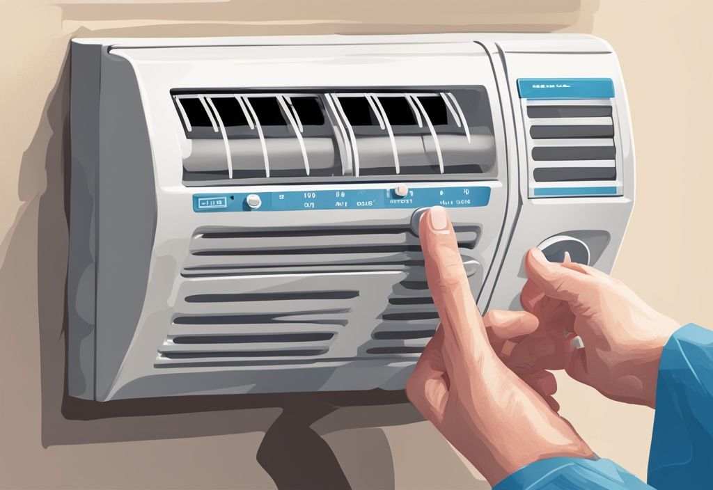 Close-up of a hand pressing the Lennox AC reset button on a modern blue-themed digital painting illustration