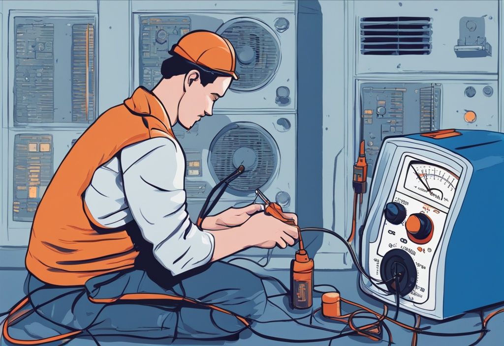 A modern digital painting of a person using a multimeter to test an AC capacitor, illustrating how to test ac capacitor with blue color theme.