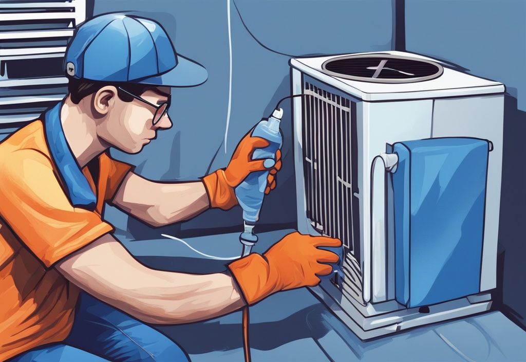 Person cleaning AC coils with spray bottle and gloves, demonstrating how to clean AC coils, in a modern digital painting with blue theme.