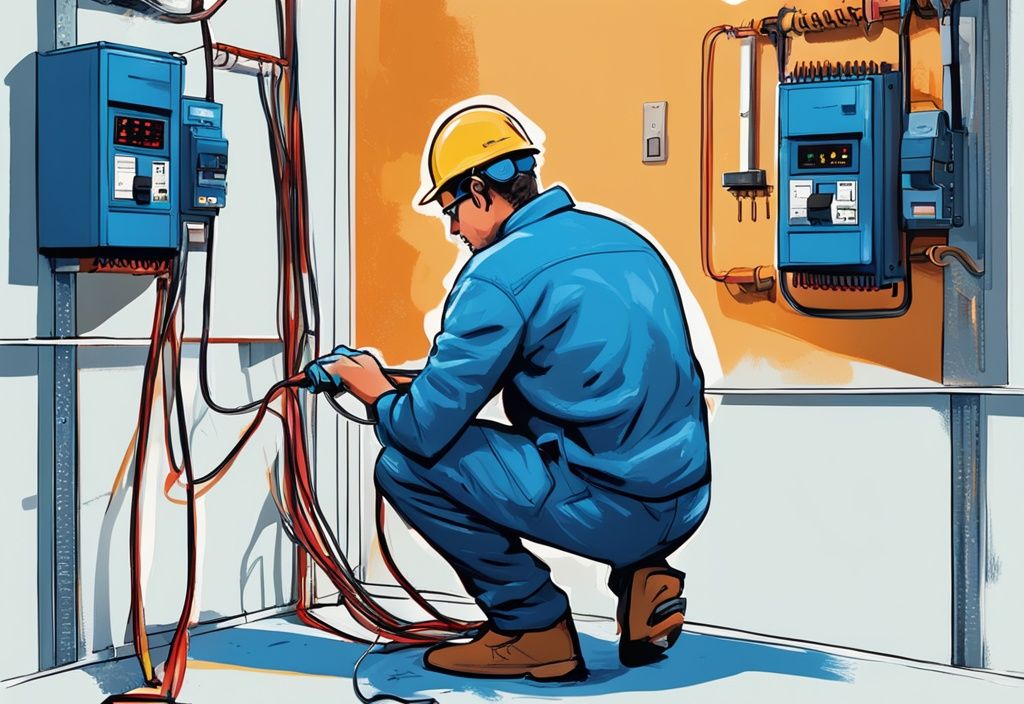 Modern digital painting of a professional electrician performing RCD testing on a residential circuit breaker, blue color theme.