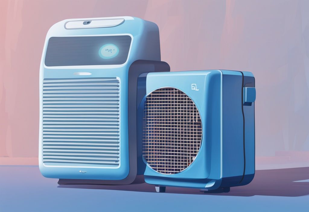 Modern digital painting of a blue-themed portable air conditioner displaying error message "E5" on its screen, related to the keyword "what does E5 mean on a portable air conditioner".