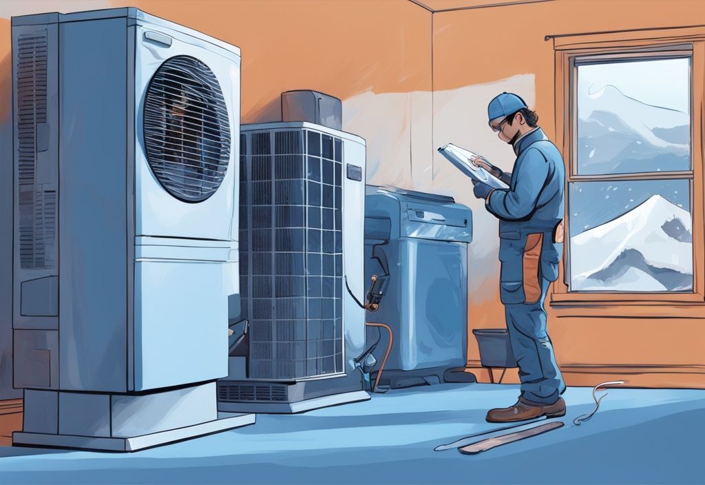 Modern digital painting illustration of a person inspecting a frozen AC unit indoors, with tools and a step-by-step guidebook nearby, illustrating what to do when your AC unit freezes up inside, main color theme blue.