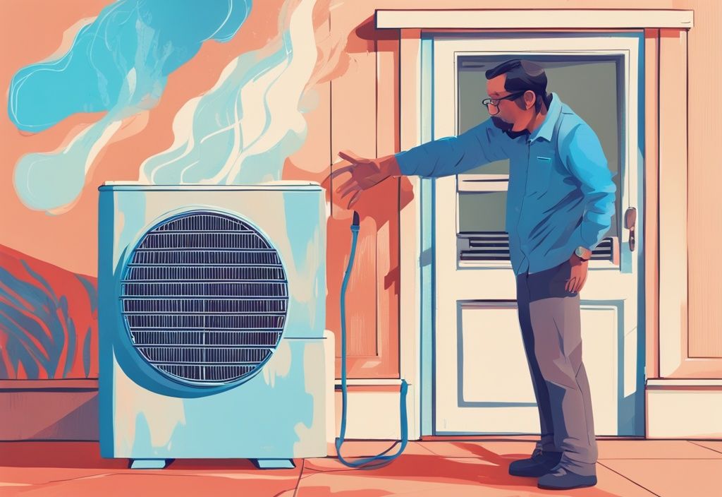 Illustration of a confused homeowner holding a manual next to an air conditioning unit emitting hot air waves, highlighting the issue: why is my ac blowing hot air.