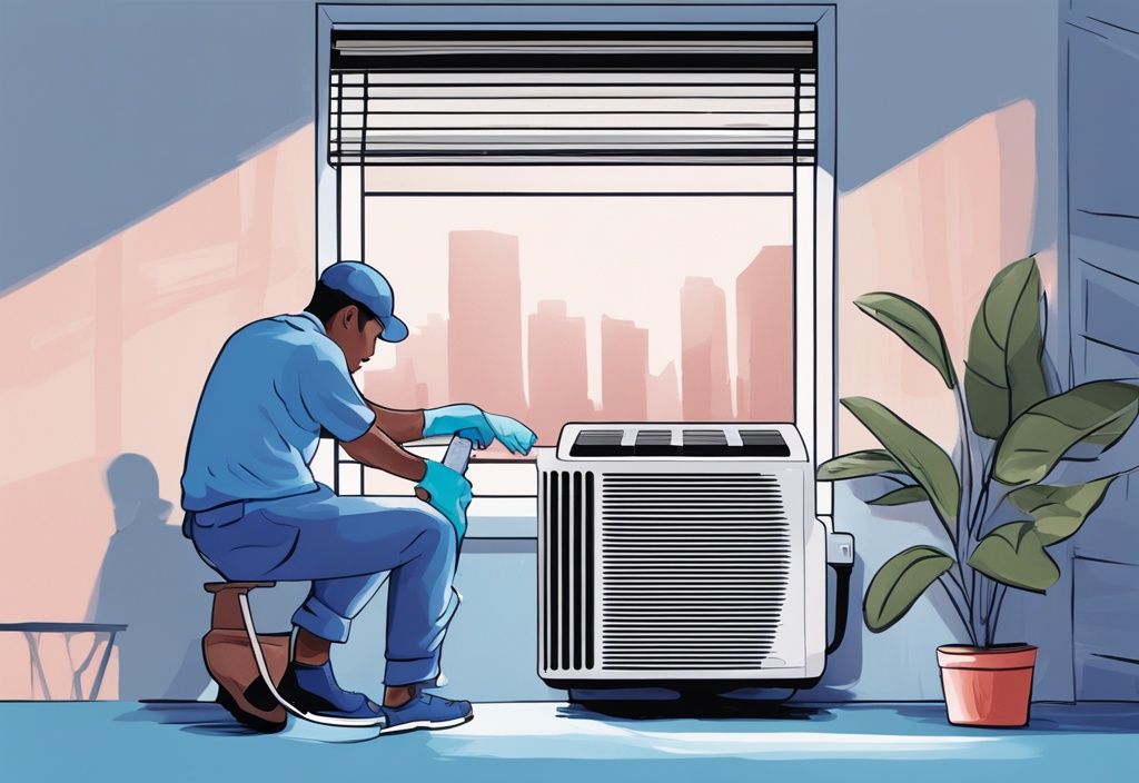 Digital painting of person cleaning window AC unit with blue theme