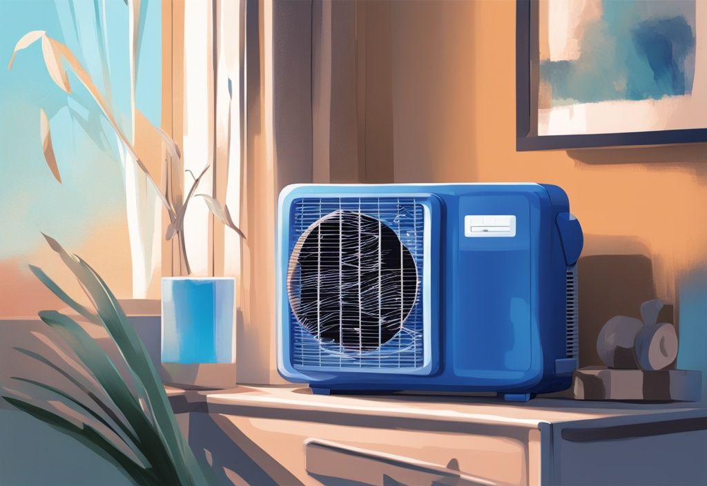 Modern digital painting of blue-themed portable air conditioner displaying E5 error code on screen.