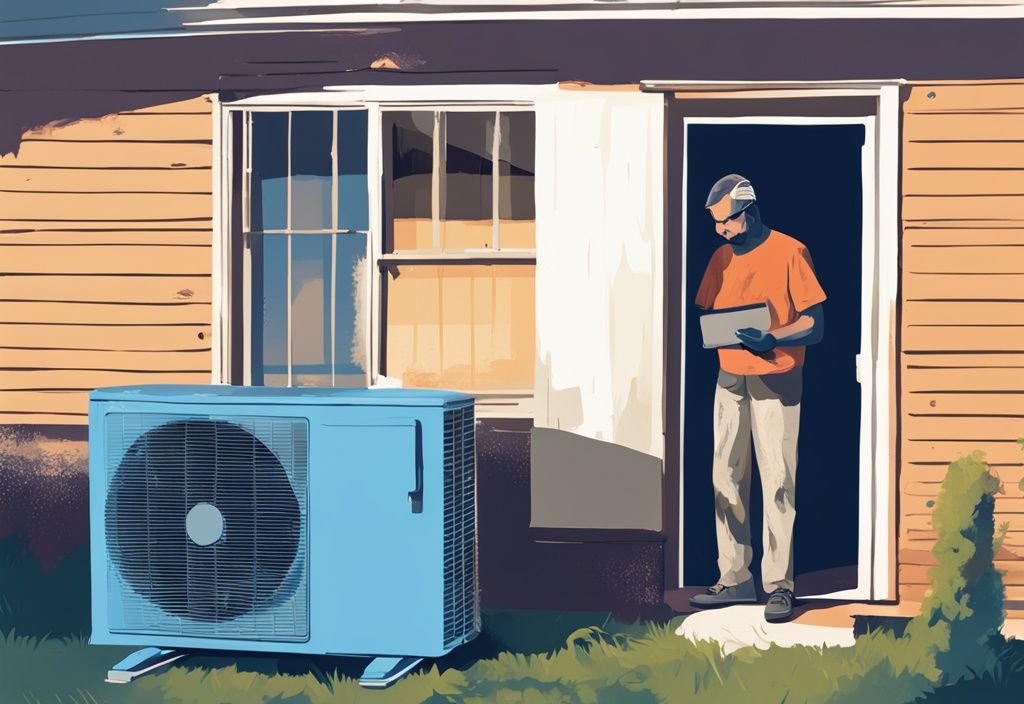 Digital painting of distressed homeowner with manual, examining malfunctioning air conditioning unit blowing hot air, blue color theme.