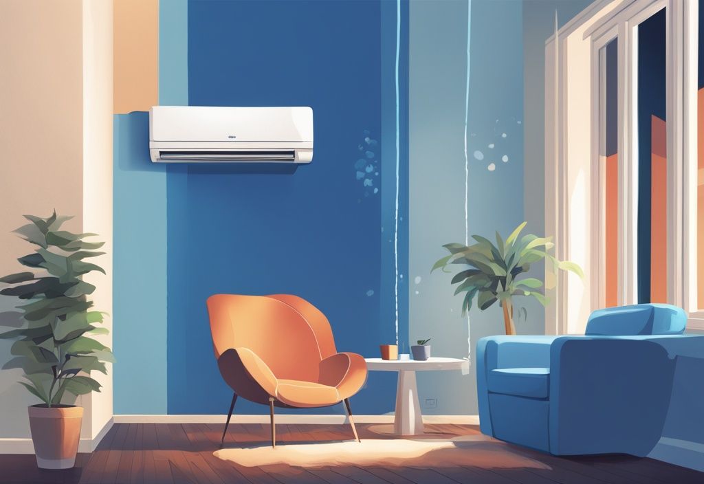 Modern digital painting of a split system air conditioner not blowing cold air, with a blue color theme and visible indicators showing it is turned on.