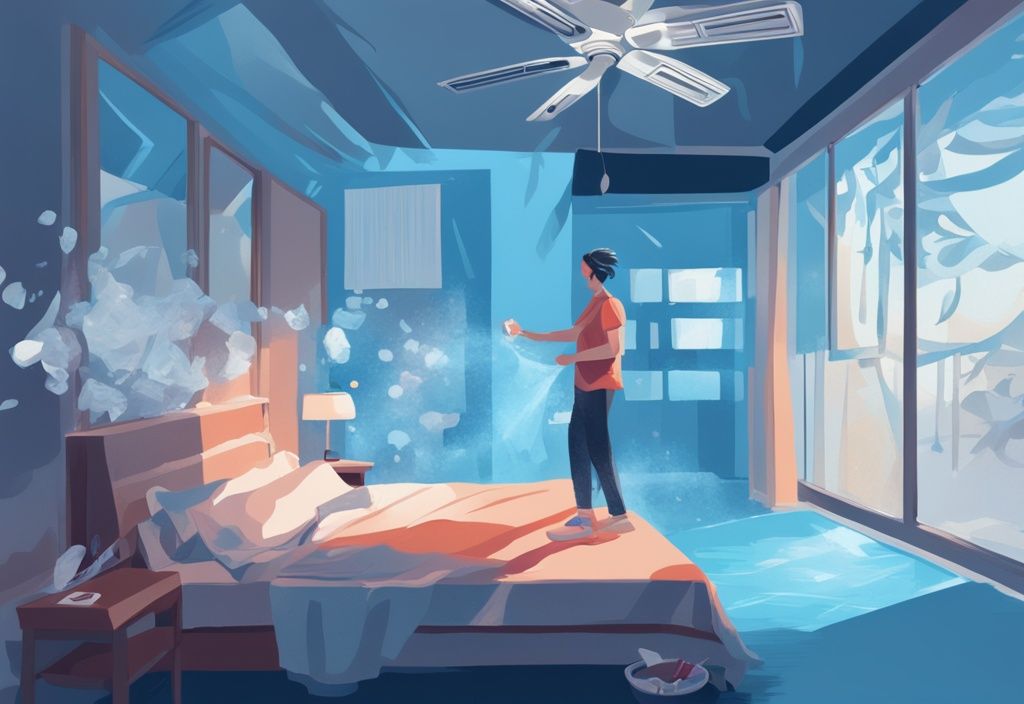 Modern digital painting of a room showing how to cool a room without AC, featuring open windows, a ceiling fan, a person using a portable fan, and a bowl of ice.