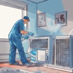 Illustration of a person demonstrating how to clean a window AC unit by removing the filter, with cleaning supplies in a blue-themed digital painting.