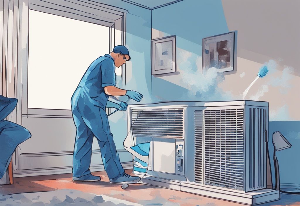 Illustration of a person demonstrating how to clean a window AC unit by removing the filter, with cleaning supplies in a blue-themed digital painting.