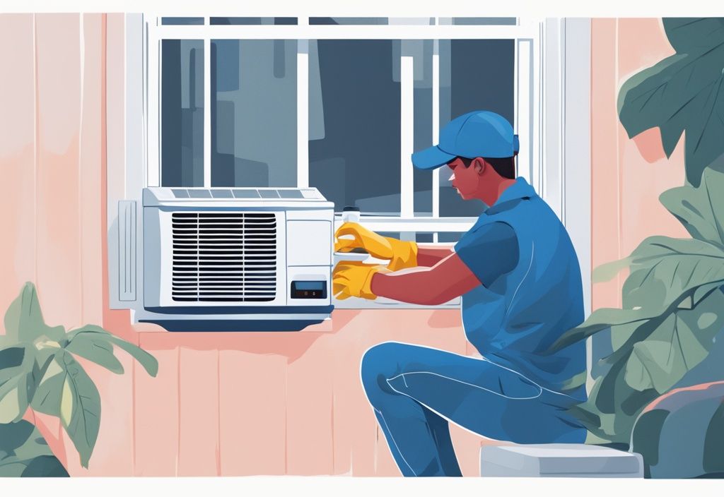 Modern digital painting of a person cleaning a window AC unit, featuring blue color theme and cleaning supplies nearby.