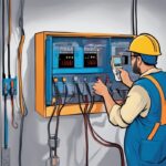 Modern digital painting of a technician performing RCD testing on a residential electrical panel with a multimeter, blue color theme.