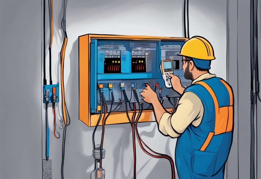 Modern digital painting of a technician performing RCD testing on a residential electrical panel with a multimeter, blue color theme.