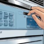 Modern digital painting showing hands demonstrating how to reset Frigidaire air conditioner on blue-themed control panel.