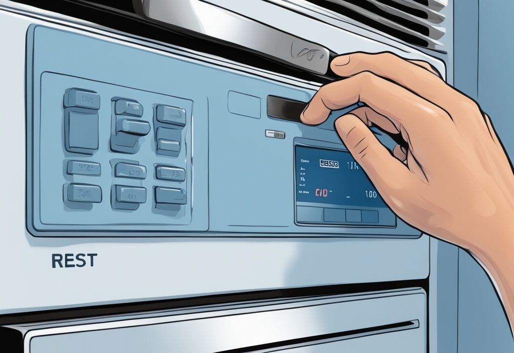 Modern digital painting showing hands demonstrating how to reset Frigidaire air conditioner on blue-themed control panel.