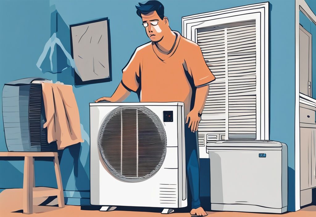 Frustrated homeowner fanning with magazine beside malfunctioning split system air conditioner, digital painting, blue theme.