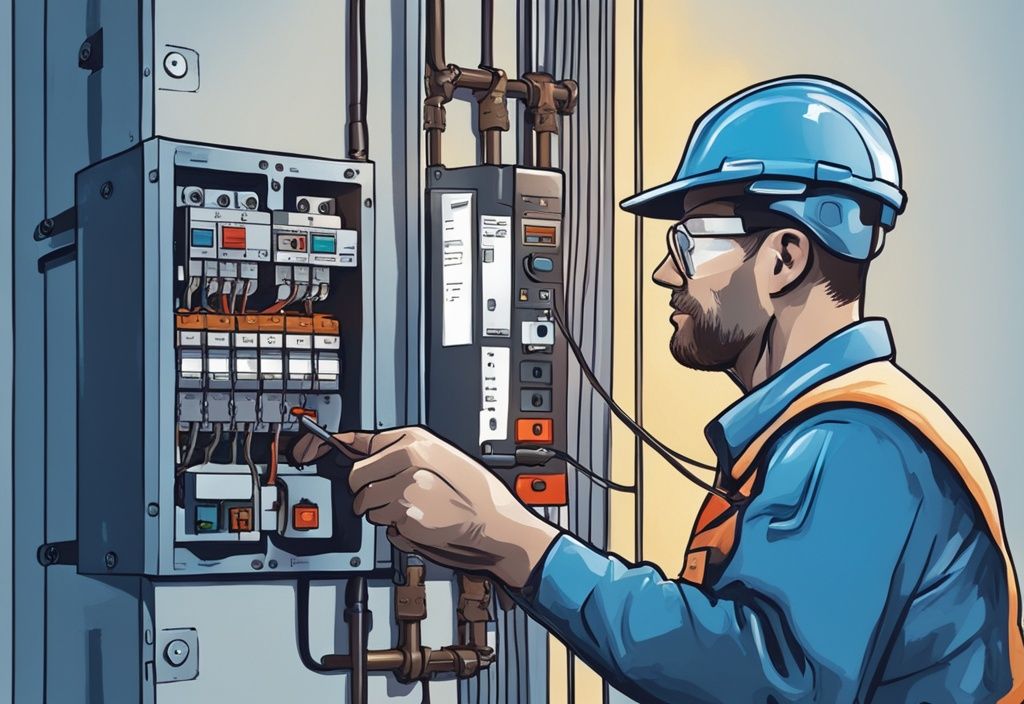 Modern digital painting of a professional electrician performing RCD testing on a residential circuit breaker, blue color theme.