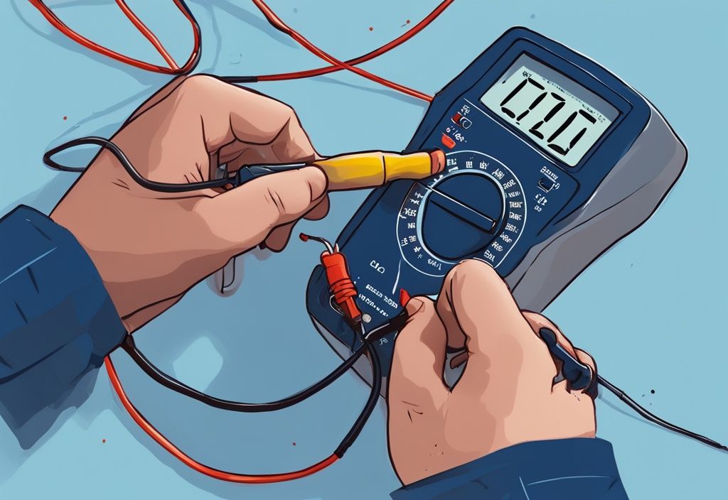 Digital painting of person testing AC capacitor with multimeter, blue theme.