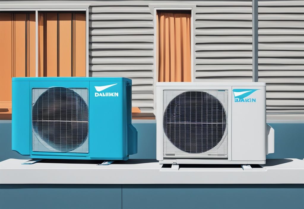 Modern digital painting of Daikin vs Actron air conditioning units in blue color theme for comparison.