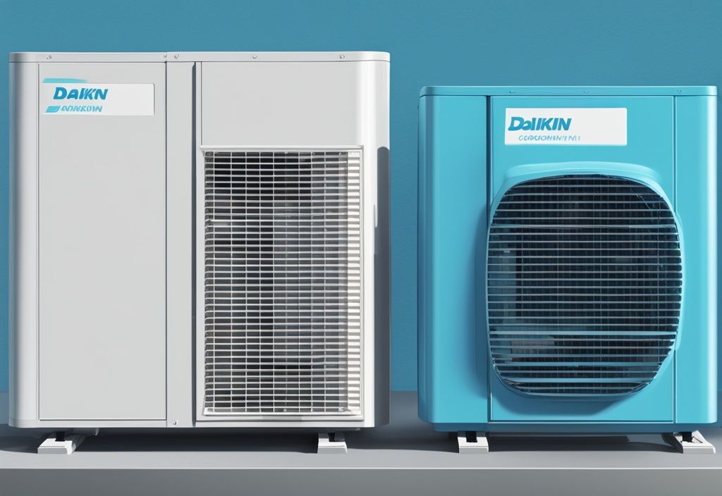 Modern digital painting illustration of Daikin vs Actron air conditioning units side by side in blue color theme for comparison.