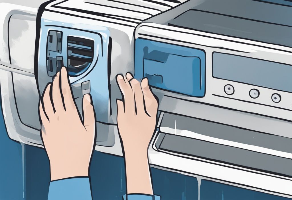 Digital painting of hands resetting a Frigidaire air conditioner, blue theme, reset button highlighted.