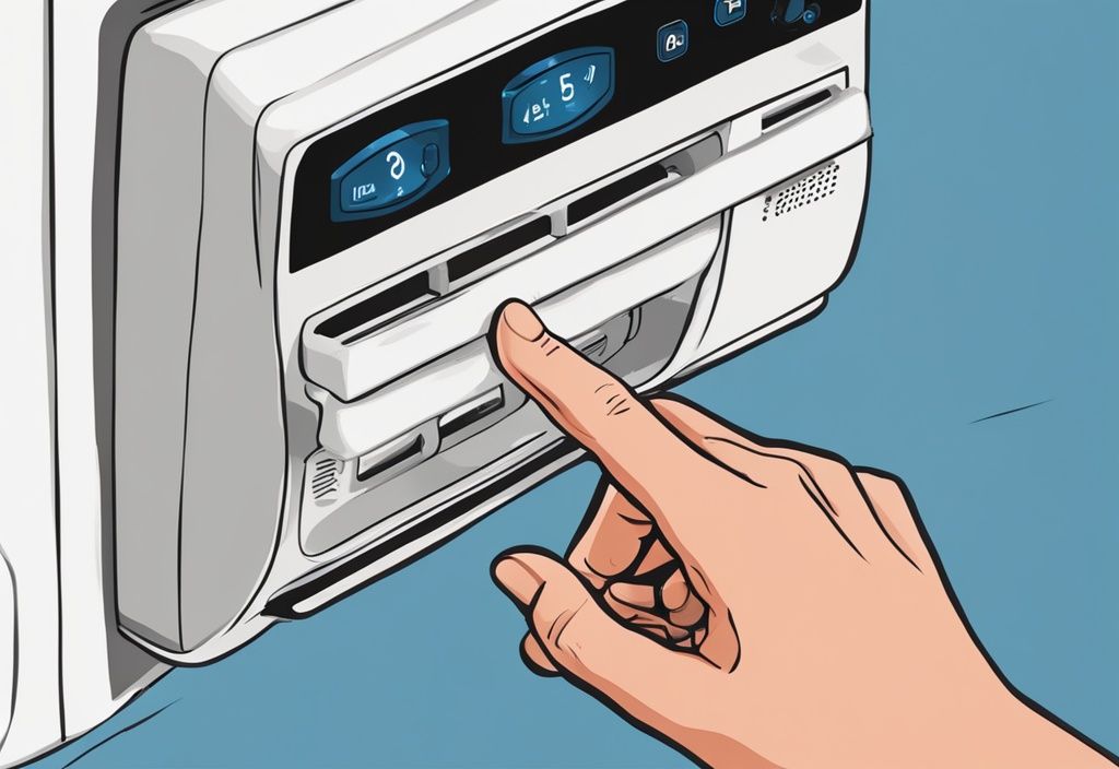 Close-up of a hand pressing the reset button on a Frigidaire air conditioner remote control, illustrating how to reset Frigidaire air conditioner, with a modern digital painting style and blue color theme.