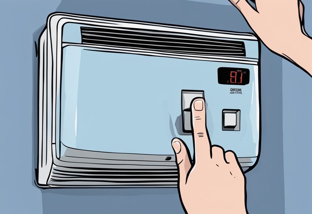 Modern digital painting of hands resetting Frigidaire air conditioner with highlighted reset button, blue color theme.