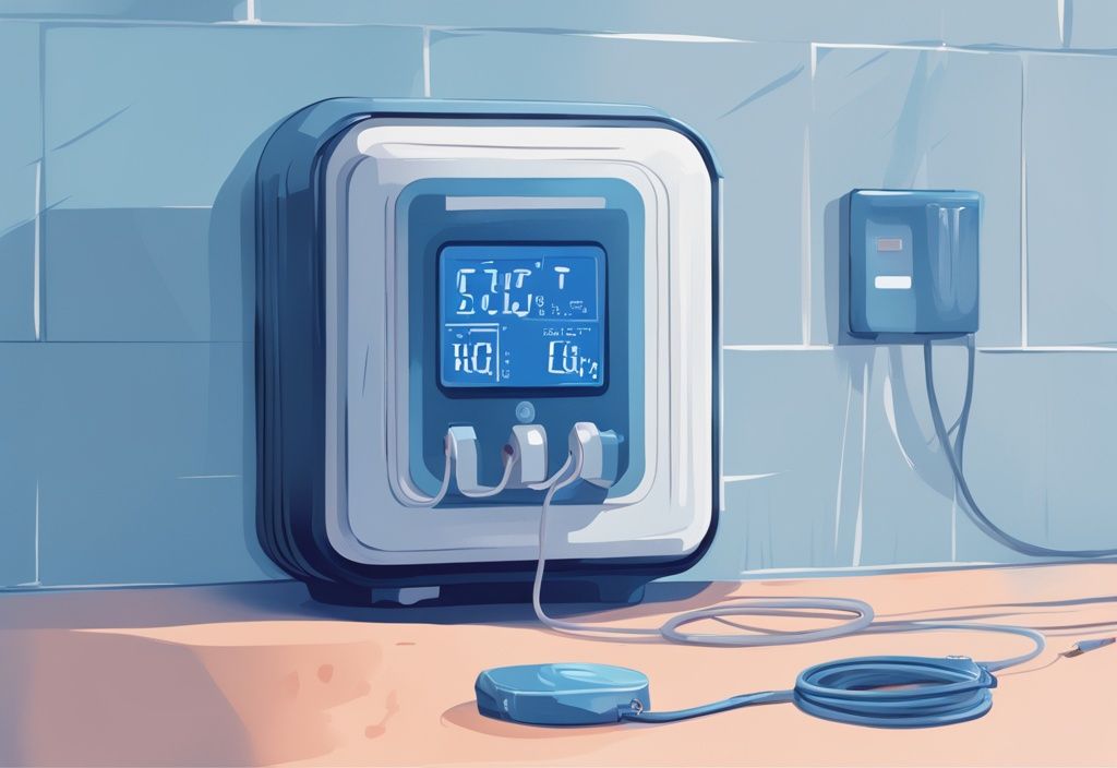 Modern digital painting with blue theme, dehumidifier connected to power meter displaying electricity consumption.