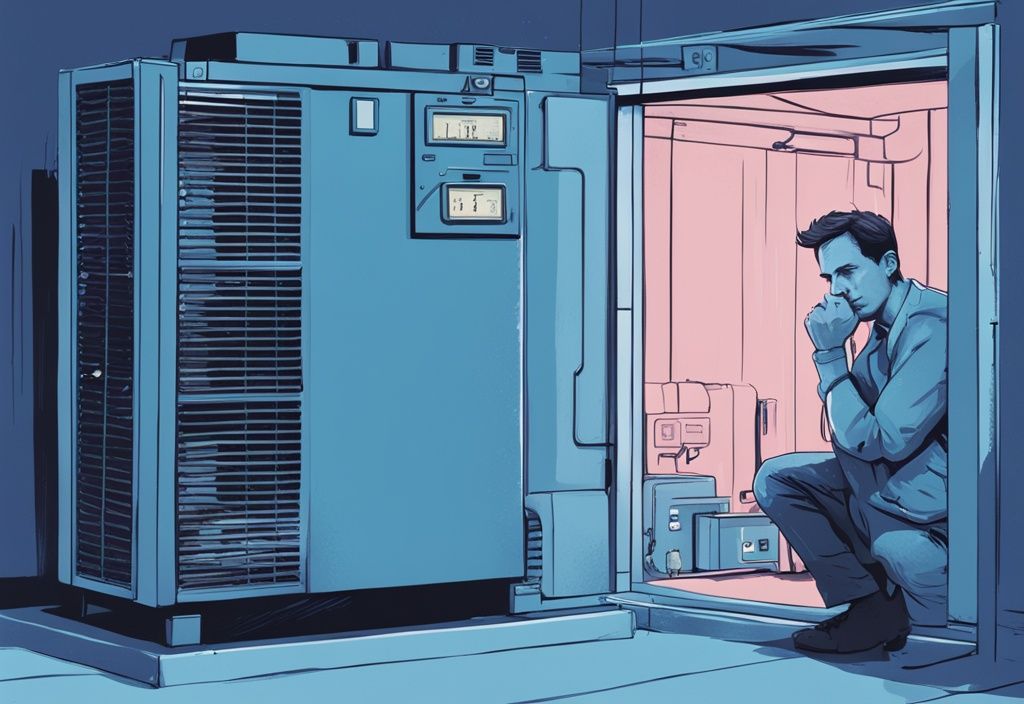 Modern digital painting of a perplexed person examining a recently shut-off AC compressor unit with a digital timer showing a few minutes elapsed, blue color theme.