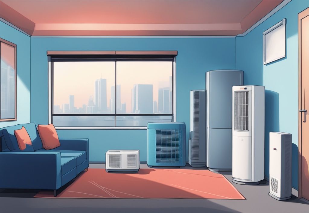 Modern digital painting of Daikin and Fujitsu air conditioning units in a blue-themed living room setting.